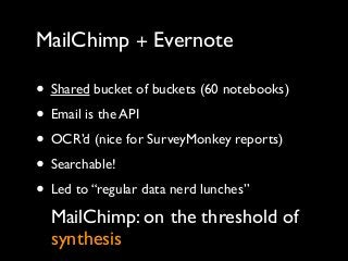 MailChimp + Evernote
• Shared bucket of buckets (60 notebooks)
• Email is the API
• OCR’d (nice for SurveyMonkey reports)
• Searchable!
• Led to “regular data nerd lunches”
MailChimp: on the threshold of
synthesis
 
