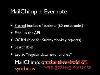 MailChimp + Evernote
• Shared bucket of buckets (60 notebooks)
• Email is the API
• OCR’d (nice for SurveyMonkey reports)
• Searchable!
• Led to “regular data nerd lunches”
MailChimp: on the threshold of
synthesis was getting closer to
 