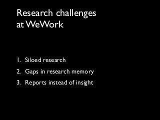 Research challenges
at WeWork
1. Siloed research
2. Gaps in research memory
3. Reports instead of insight
 