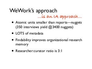 WeWork’s approach
• Atomic units smaller than reports—nuggets
(350 interviews yield @3400 nuggets)
• LOTS of metadata
• Findability improves organizational research
memory
• Researcher:curator ratio is 3:1
…is an IA approach…
 