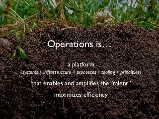 Operations is…
a platform 
(systems • infrastructure • processes • tooling • principles)
that enables and ampliﬁes the “talent”
maximizes efﬁciency
 