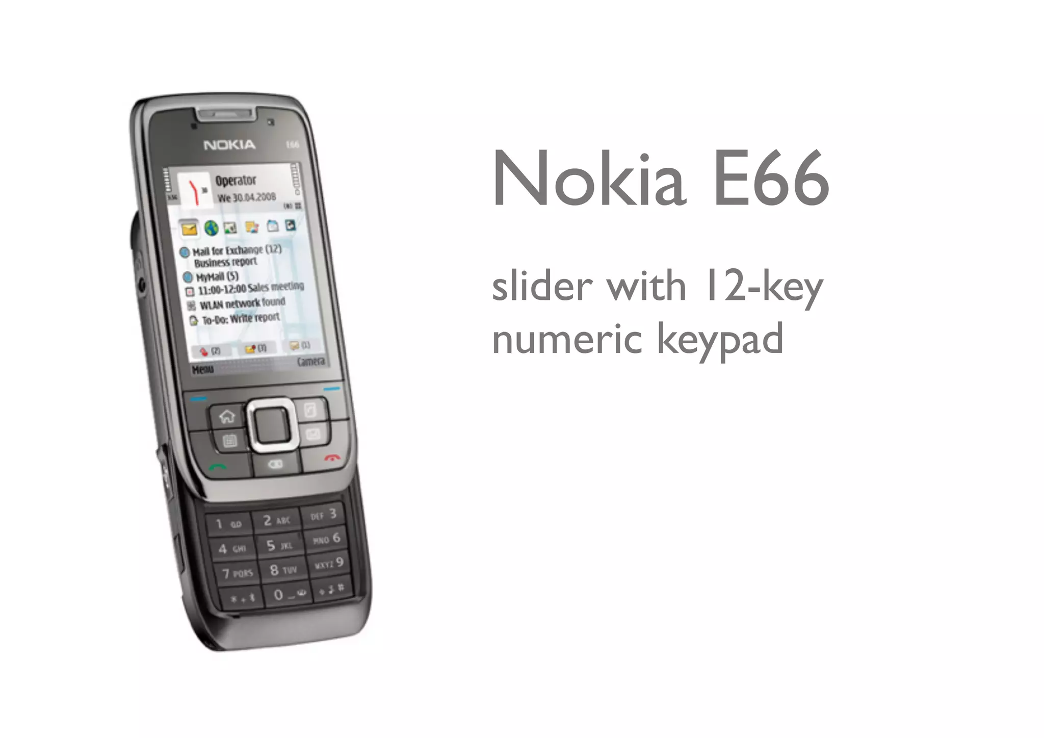 Nokia E66
slider with 12-key
numeric keypad
 