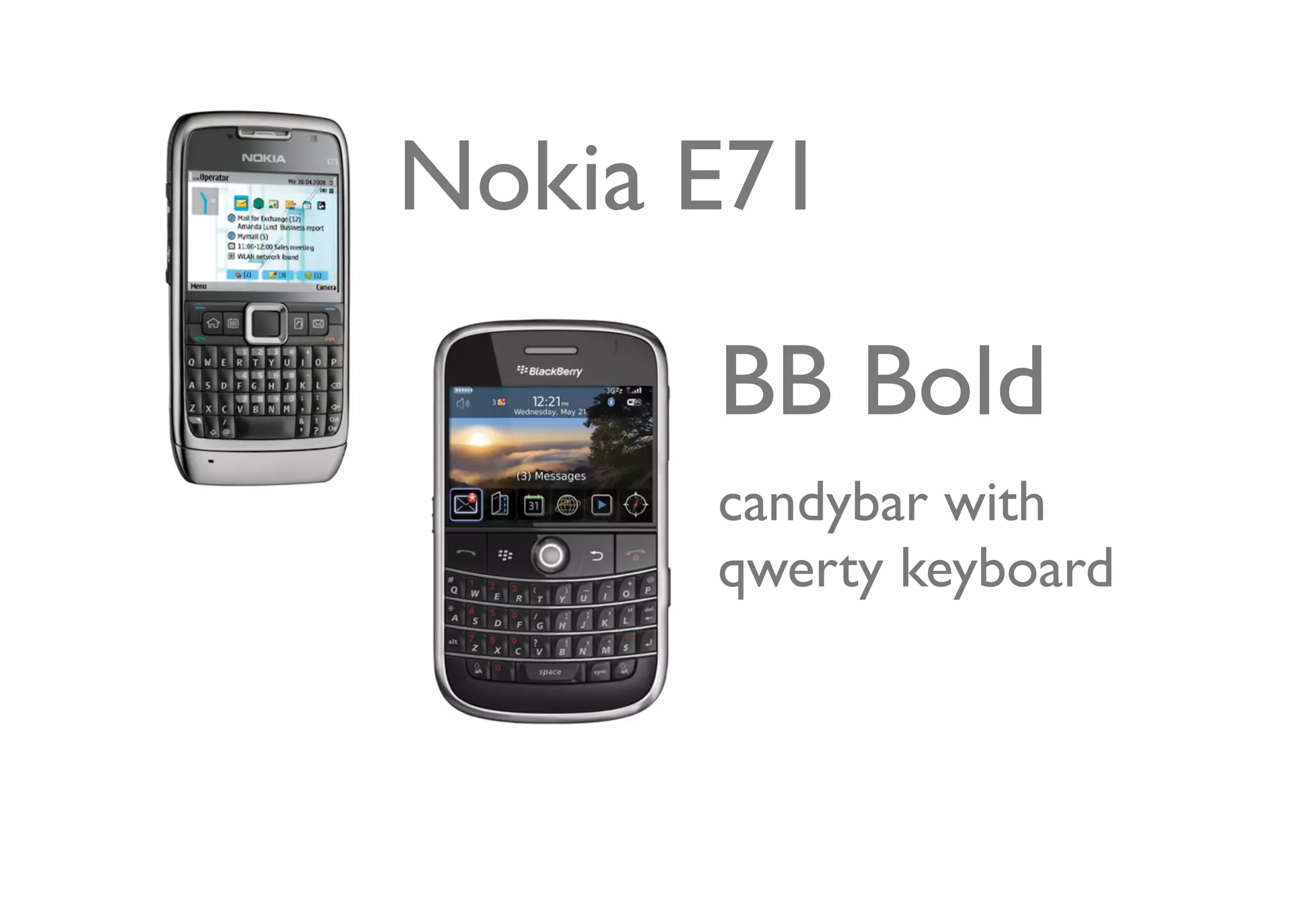 Nokia E71

      BB Bold
      candybar with
      qwerty keyboard
 