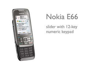 Nokia E66
slider with 12-key
numeric keypad
 