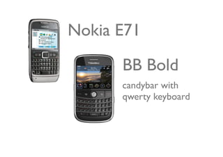 Nokia E71

      BB Bold
      candybar with
      qwerty keyboard
 