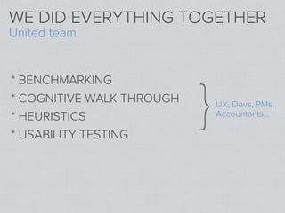 WE DID EVERYTHING TOGETHER
United team.




                           }
* BENCHMARKING
* COGNITIVE WALK THROUGH       UX, Devs, PMs,
* HEURISTICS                   Accountants...

* USABILITY TESTING
 