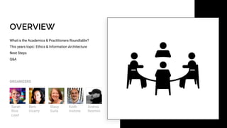 OVERVIEW
What is the Academics & Practitioners Roundtable?
This years topic: Ethics & Information Architecture
Next Steps
...
