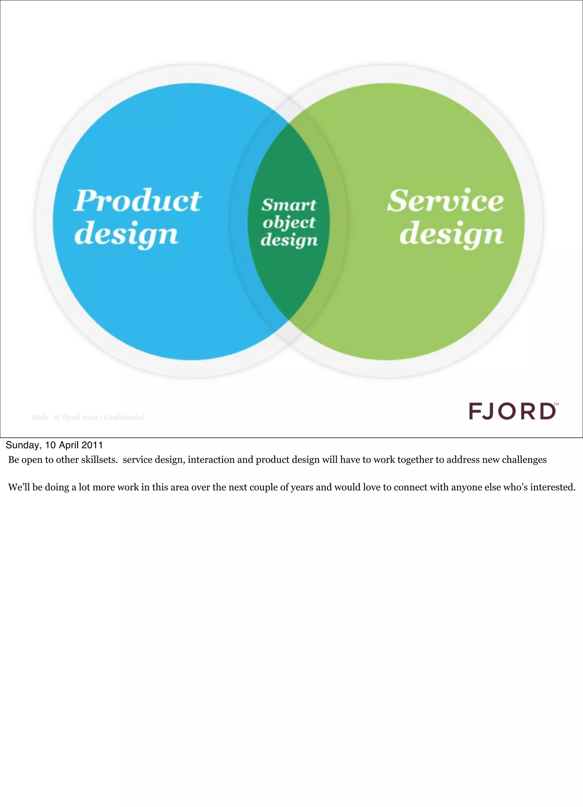 Slide © Fjord 2010 | Confidential


Sunday, 10 April 2011
Be open to other skillsets. service design, interaction and product design will have to work together to address new challenges

We’ll be doing a lot more work in this area over the next couple of years and would love to connect with anyone else who’s interested.
 