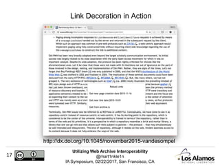 Utilizing Web Archive Interoperability
@mart1nkle1n
IA Symposium, 02/22/2017, San Francisco, CA
17
Link Decoration in Action
http://dx.doi.org/10.1045/november2015-vandesompel
 