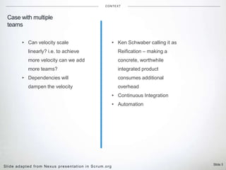 Slide 3
Case with multiple
teams
CONTEXT
▸ Can velocity scale
linearly? i.e. to achieve
more velocity can we add
more teams?
▸ Dependencies will
dampen the velocity
Slide adapted from Nexus presentation in Scrum.org
▸ Ken Schwaber calling it as
Reification – making a
concrete, worthwhile
integrated product
consumes additional
overhead
▸ Continuous Integration
▸ Automation
 