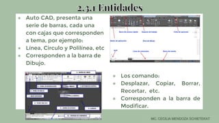 ● Auto CAD, presenta una
serie de barras, cada una
con cajas que corresponden
a tema, por ejemplo:
● Línea, Circulo y Polilínea, etc
● Corresponden a la barra de
Dibujo.
● Los comando:
● Desplazar, Copiar, Borrar,
Recortar, etc.
● Corresponden a la barra de
Modificar.
 