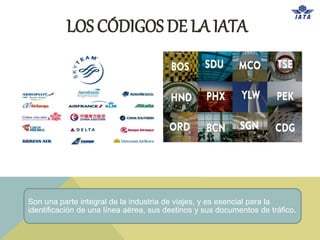 LOS CÓDIGOS DE LA IATA
Son una parte integral de la industria de viajes, y es esencial para la
identificación de una línea aérea, sus destinos y sus documentos de tráfico.
 