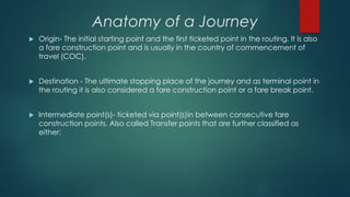 Anatomy of a Journey
 Origin- The initial starting point and the first ticketed point in the routing. It is also
a fare construction point and is usually in the country of commencement of
travel (COC).
 Destination - The ultimate stopping place of the journey and as terminal point in
the routing it is also considered a fare construction point or a fare break point.
 Intermediate point(s)- ticketed via point(s)in between consecutive fare
construction points. Also called Transfer points that are further classified as
either:
 