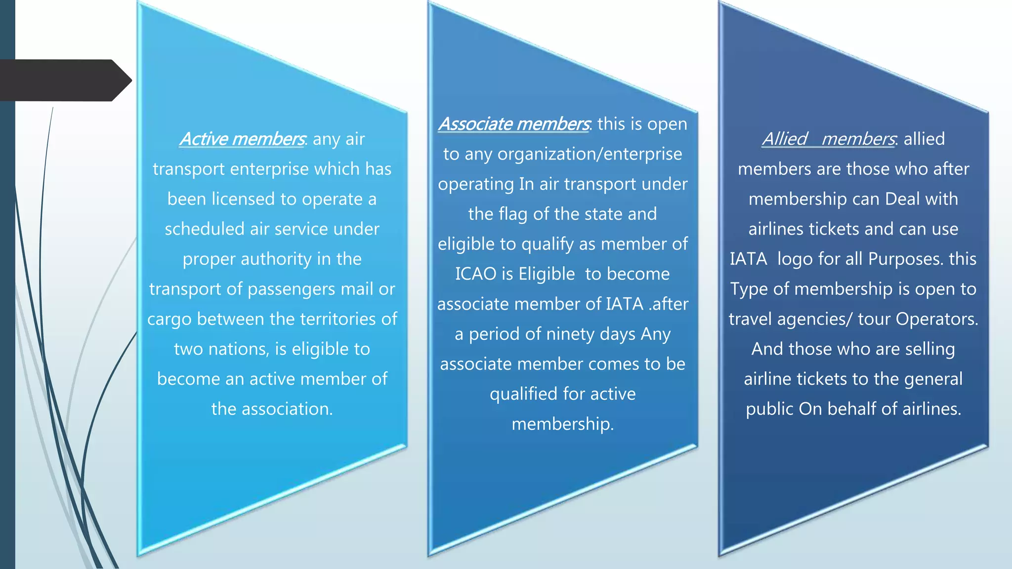 Active members: any air
transport enterprise which has
been licensed to operate a
scheduled air service under
proper authority in the
transport of passengers mail or
cargo between the territories of
two nations, is eligible to
become an active member of
the association.
Associate members: this is open
to any organization/enterprise
operating In air transport under
the flag of the state and
eligible to qualify as member of
ICAO is Eligible to become
associate member of IATA .after
a period of ninety days Any
associate member comes to be
qualified for active
membership.
Allied members: allied
members are those who after
membership can Deal with
airlines tickets and can use
IATA logo for all Purposes. this
Type of membership is open to
travel agencies/ tour Operators.
And those who are selling
airline tickets to the general
public On behalf of airlines.
 