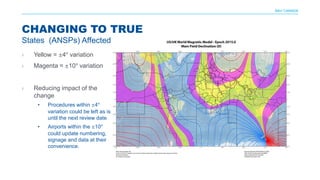 NAV CANADA
CHANGING TO TRUE
States (ANSPs) Affected
› Yellow = ±4° variation
› Magenta = ±10° variation
› Reducing impact of the
change
• Procedures within ±4°
variation could be left as is
until the next review date
• Airports within the ±10°
could update numbering,
signage and data at their
convenience.
 