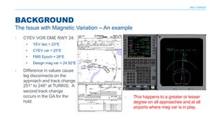 NAV CANADA
› CYEV VOR DME RWY 24.
• YEV dec = 23°E
• CYEV var = 25°E
• FMS Epoch = 26°E
• Design mag var = 24.92°E
› Difference in values cause
leg disconnects on the
approach and track change
251° to 248° at TURKIS. A
second track change
occurs in the GA for the
hold
BACKGROUND
The Issue with Magnetic Variation – An example
› This happens to a greater or lesser
degree on all approaches and at all
airports where mag var is in play.
 