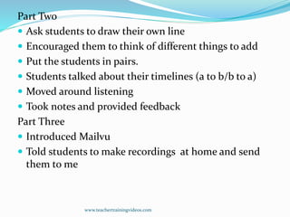 Part Two
 Ask students to draw their own line
 Encouraged them to think of different things to add
 Put the students in pairs.
 Students talked about their timelines (a to b/b to a)
 Moved around listening
 Took notes and provided feedback
Part Three
 Introduced Mailvu
 Told students to make recordings at home and send
them to me
www.teachertrainingvideos.com
 