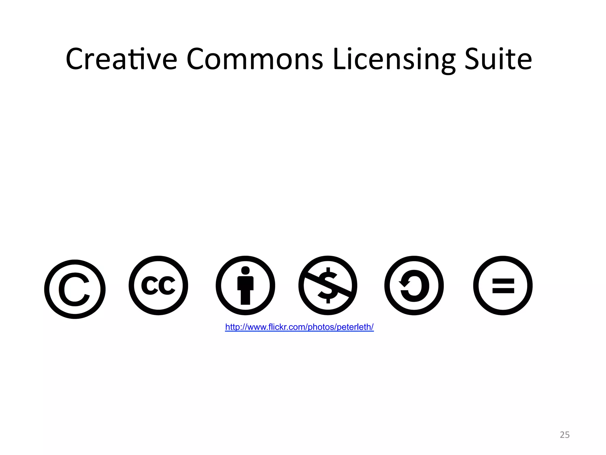  
CreaGve	
  Commons	
  Licensing	
  Suite	
  
                	
  




              http://www.flickr.com/photos/peterleth/




                                                        25	
  
 