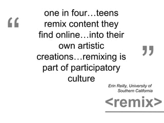 <remix>
one in four…teens
remix content they
find online…into their
own artistic
creations…remixing is
part of participatory
culture
“
”Erin Reilly, University of
Southern California
 