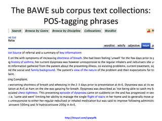 The BAWE sub corpus text collections:
       POS-tagging phrases




              http://tinyurl.com/cpwyefb
 