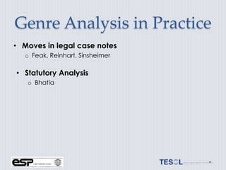 Genre Analysis in Practice
• Moves in legal case notes
  o Feak, Reinhart, Sinsheimer

• Statutory Analysis
   o Bhatia
 