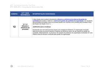 IATF - International Automotive Task Force
IATF 16949:2016 --- Interpretações Sancionadas (SIs)
www.iatfglobaloversight.org Página 13 de 24
NÚMERO
IATF 16949
REFERÊNCIA
INTERPRETAÇÃO SANCIONADA
12
5.1.1.2
Eficácia e
eficiência do
processo
A alta direção deve analisar criticamente a eficácia e a eficiência do sistema de gestão da
qualidade para avaliar e melhorar o sistema de gestão da qualidade da organização. Os resultados
das atividades de análise crítica do processo devem ser incluídos como entrada para a análise crítica
da direção (ver Seção 9.3.2.1.).
Justificativa para a mudança:
Esclarecido que nem todo processo requer uma medição de eficiência. A organização necessita
determinar quais processos requerem medições de eficiência dentro de seu sistema de gestão da
qualidade. Adicionalmente, os processos de solução de problemas da organização necessitam ter uma
análise crítica de eficácia conduzida pela gestão da organização.
 