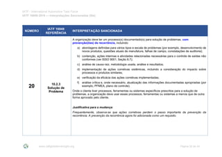IATF - International Automotive Task Force
IATF 16949:2016 --- Interpretações Sancionadas (SIs)
www.iatfglobaloversight.org Página 20 de 24
NÚMERO
IATF 16949
REFERÊNCIA
INTERPRETAÇÃO SANCIONADA
20 10.2.3
Solução de
Problema
A organização deve ter um processo(s) documentado(s) para solução de problemas, com
prevenção(ões) de recorrência, incluindo:
a) abordagens definidas para vários tipos e escala de problemas (por exemplo, desenvolvimento de
novos produtos, questões atuais de manufatura, falhas de campo, constatações de auditoria);
b) contenção, ações interinas e atividades relacionadas necessárias para o controle de saídas não
conformes (ver ISSO 9001, Seção 8.7);
c) análise de causa raiz, metodologia usada, análise e resultados;
d) implementação de ações corretivas sistêmicas, incluindo a consideração do impacto sobre
processos e produtos similares;
e) verificação da eficácia das ações corretivas implementadas;
f) análise crítica e, onde necessário, atualização das informações documentadas apropriadas (por
exemplo, PFMEA, plano de controle).
Onde o cliente tiver processos, ferramentas ou sistemas específicos prescritos para a solução de
problemas, a organização deve usar esses processos, ferramentas ou sistemas a menos que de outra
forma aprovado pelo cliente.
Justificativa para a mudança:
Frequentemente, observa-se que ações corretivas perdem o passo importante da prevenção da
recorrência. A prevenção da recorrência agora foi adicionada como um requisito.
 