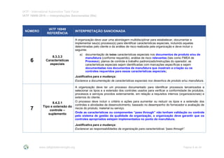 IATF - International Automotive Task Force
IATF 16949:2016 --- Interpretações Sancionadas (SIs)
www.iatfglobaloversight.org Página 8 de 24
NÚMERO
IATF 16949
REFERÊNCIA
INTERPRETAÇÃO SANCIONADA
6
8.3.3.3
Características
especiais
A organização deve usar uma abordagem multidisciplinar para estabelecer, documentar e
implementar seu(s) processo(s) para identificar características especiais, incluindo aquelas
determinadas pelo cliente e da análise de risco realizada pela organização e deve incluir o
seguinte:
a) documentação de todas características especiais nos documentos de produto e/ou de
manufatura (conforme requerido), análise de risco relevantes (tais como FMEA de
Processo), planos de controle e trabalho padronizado/instruções do operador; as
características especiais sejam identificadas com marcações específicas e sejam
documentadas nos documentos de manufatura que mostram a criação ou os
controles requeridos para essas características especiais;
Justificativa para a mudança:
Esclarece a documentação de características especiais nos desenhos de produto e/ou manufatura.
7
8.4.2.1
Tipo e extensão do
controle –
suplemento
A organização deve ter um processo documentado para identificar processos terceirizados e
selecionar os tipos e a extensão dos controles usados para verificar a conformidade de produtos,
processos e serviços providos externamente, em relação a requisitos internos (organizacionais) e
externos do cliente.
O processo deve incluir o critério e ações para aumentar ou reduzir os tipos e a extensão dos
controles e atividades de desenvolvimento, baseado no desempenho do fornecedor e avaliação de
riscos do produto, material ou serviço.
Onde as características ou componentes “pass through” não tenham validação ou controle
pelo sistema de gestão da qualidade da organização, a organização deve garantir que os
controles apropriados estejam implementados no ponto de manufatura.
Justificativa para a mudança:
Esclarecer as responsabilidades da organização para características “pass through”.
 