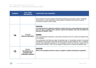 IATF - International Automotive Task Force
IATF 16949:2016 --- Frequently Asked Questions (FAQs)
www.iatfglobaloversight.org Page 14 of 26
NUMBER
IATF 16949
REFERENCE
QUESTIONS AND ANSWERS
Some customers may have specific requirements regarding product safety, training, knowledge,
and personnel. It is the organization’s responsibility to understand their customer’s specific
requirements related to product safety.
14 7.1.5.3.2
External laboratory
QUESTION:
Is it required that the calibration certificate or (test) report of an external laboratory bears the
mark (or logo or symbol) of the relevant national accreditation body that accredited the
laboratory to ISO/IEC 17025?
ANSWER:
Yes, only certificates of calibration or test reports including the mark of a national accreditation body
are acceptable.
The accreditation mark (often also called “accreditation logo” or “accreditation symbol”) of a national
accreditation body provides documented evidence that the provided inspection, test, or calibration
services were performed according to the accreditation scope and that they comply with the
requirements of ISO/IEC 17025, and are subject to supervision of a national accreditation body.
15
8.3.2.3
Development of
products with
embedded software
QUESTION:
What is the acceptable method to assess a supplier’s software development capability?
 