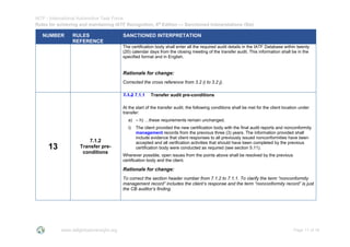 IATF - International Automotive Task Force
Rules for achieving and maintaining IATF Recognition, 6th
Edition --- Sanctioned Interpretations (SIs)
www.iatfglobaloversight.org Page 11 of 16
NUMBER RULES
REFERENCE
SANCTIONED INTERPRETATION
The certification body shall enter all the required audit details in the IATF Database within twenty
(20) calendar days from the closing meeting of the transfer audit. This information shall be in the
specified format and in English.
Rationale for change:
Corrected the cross reference from 3.2 i) to 3.2 j).
13
7.1.2
Transfer pre-
conditions
7.1.2 7.1.1 Transfer audit pre-conditions
At the start of the transfer audit, the following conditions shall be met for the client location under
transfer:
a) – h) …these requirements remain unchanged.
i) The client provided the new certification body with the final audit reports and nonconformity
management records from the previous three (3) years. The information provided shall
include evidence that client responses to all previously issued nonconformities have been
accepted and all verification activities that should have been completed by the previous
certification body were conducted as required (see section 5.11).
Wherever possible, open issues from the points above shall be resolved by the previous
certification body and the client.
Rationale for change:
To correct the section header number from 7.1.2 to 7.1.1. To clarify the term “nonconformity
management record” includes the client’s response and the term “nonconformity record” is just
the CB auditor’s finding.
 
