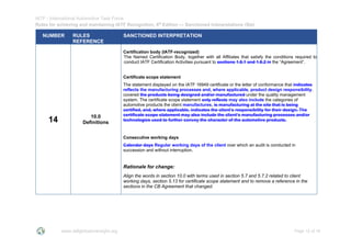IATF - International Automotive Task Force
Rules for achieving and maintaining IATF Recognition, 6th
Edition --- Sanctioned Interpretations (SIs)
www.iatfglobaloversight.org Page 12 of 16
NUMBER RULES
REFERENCE
SANCTIONED INTERPRETATION
14 10.0
Definitions
Certification body (IATF-recognized)
The Named Certification Body, together with all Affiliates that satisfy the conditions required to
conduct IATF Certification Activities pursuant to sections 1.6.1 and 1.6.2 in the “Agreement”.
Certificate scope statement
The statement displayed on the IATF 16949 certificate or the letter of conformance that indicates
reflects the manufacturing processes and, where applicable, product design responsibility,
covered the products being designed and/or manufactured under the quality management
system. The certificate scope statement only reflects may also include the categories of
automotive products the client manufactures. is manufacturing at the site that is being
certified, and, where applicable, indicates the client’s responsibility for their design. The
certificate scope statement may also include the client’s manufacturing processes and/or
technologies used to further convey the character of the automotive products.
Consecutive working days
Calendar days Regular working days of the client over which an audit is conducted in
succession and without interruption.
Rationale for change:
Align the words in section 10.0 with terms used in section 5.7 and 5.7.2 related to client
working days, section 5.13 for certificate scope statement and to remove a reference in the
sections in the CB Agreement that changed.
 
