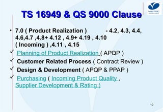 10
TS 16949 & QS 9000 Clause
TS 16949 & QS 9000 Clause
• 7.0 ( Product Realization ) - 4.2, 4.3, 4.4,
4.6,4.7 ,4.8+ 4.12 , 4.9+ 4.19 , 4.10
( Incoming ) ,4.11 , 4.15
 Planning of Product Realization ( APQP )
 Customer Related Process ( Contract Review )
 Design & Development ( APQP & PPAP )
 Purchasing ( Incoming Product Quality ,
Supplier Development & Rating )
 