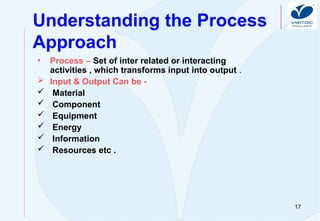 17
Understanding the Process
Approach
• Process – Set of inter related or interacting
activities , which transforms input into output .
 Input & Output Can be -
 Material
 Component
 Equipment
 Energy
 Information
 Resources etc .
 