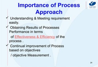24
Importance of Process
Approach
 Understanding & Meeting requirement
easily.
 Obtaining Results of Processes
Performance in terms
of Effectiveness & Efficiency of the
process .
 Continual improvement of Process
based on objectives
/ objective Measurement .
 