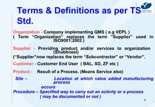 5
Terms & Definitions as per TS
Std.
Organization - Company implementing QMS ( e.g VEPL )
( Term “Organization” replaces the term “Supplier” used in
ISO9001:2002 )
Supplier - Providing product and/or services to organization
(Shubhneel)
(“Supplier”now replaces the term “Subcontractor” or “Vendor”.
Customer - Customer End User ( BAL, SD, ZF etc )
Product - Result of a Process. (Means Service also)
Site - Location at which value added manufacturing
process
occurs
Procedure – Specified way to carry out an activity or a process
( may be documented or not )
 