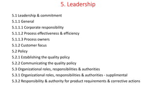 5. Leadership
5.1 Leadership & commitment
5.1.1 General
5.1.1.1 Corporate responsibility
5.1.1.2 Process effectiveness & efficiency
5.1.1.3 Process owners
5.1.2 Customer focus
5.2 Policy
5.2.1 Establishing the quality policy
5.2.2 Communicating the quality policy
5.3 Organizational roles, responsibilities & authorities
5.3.1 Organizational roles, responsibilities & authorities - supplimental
5.3.2 Responsibility & authority for product requirements & corrective actions
 