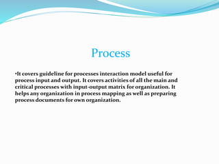 Process
•It covers guideline for processes interaction model useful for
process input and output. It covers activities of all the main and
critical processes with input-output matrix for organization. It
helps any organization in process mapping as well as preparing
process documents for own organization.
 