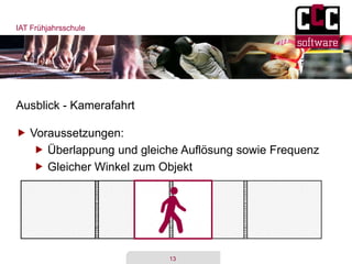 IAT Frühjahrsschule
13
Ausblick - Kamerafahrt
 Voraussetzungen:
 Überlappung und gleiche Auflösung sowie Frequenz
 Gleicher Winkel zum Objekt
 