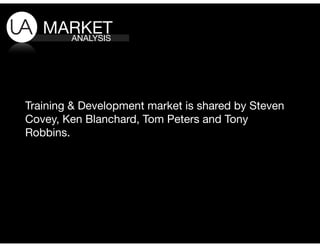 MARKET
     ANALYSIS




Training & Development market is shared by Steven
Covey, Ken Blanchard, Tom Peters and Tony
Robbins.
 