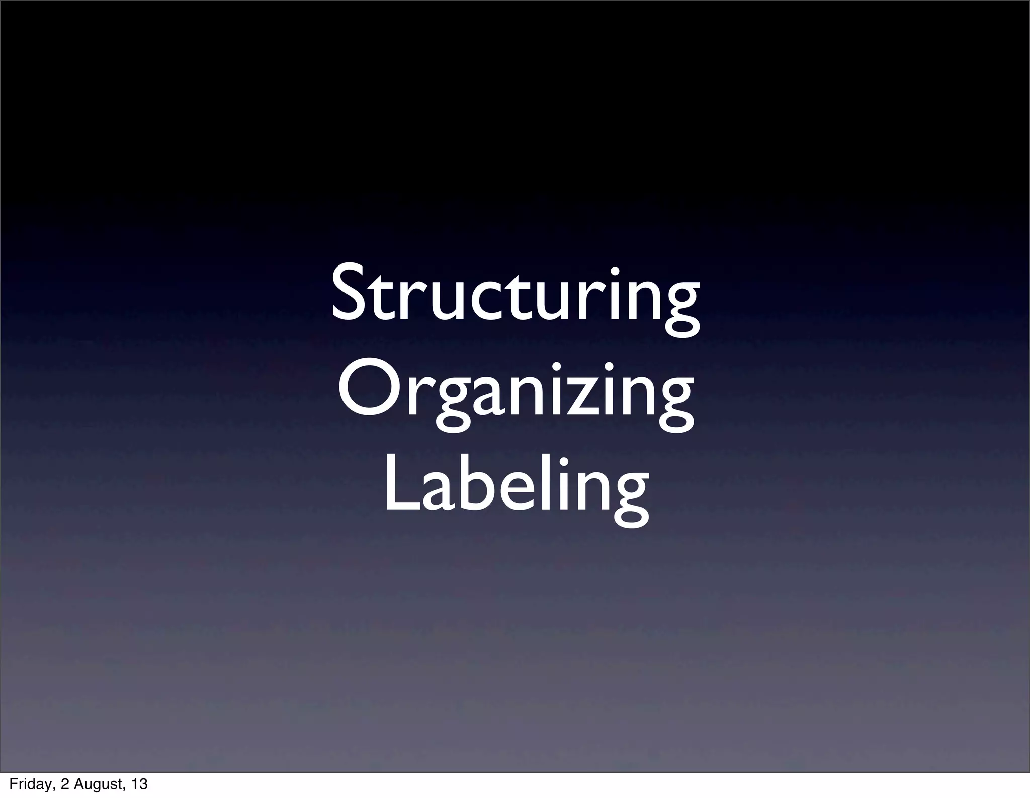 Structuring
Organizing
Labeling
Friday, 2 August, 13
 