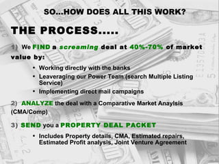 SO...HOW DOES ALL THIS WORK? THE PROCESS..... 1)   We  FIND   a  screaming  deal at  40%-70%  of market value by: Working directly with the banks Leaveraging our Power Team (search Multiple Listing Service) Implementing direct mail campaigns 2)   ANALYZE  the deal with a Comparative Market Anaylsis (CMA/Comp) 3)  SEND  you a  PROPERTY DEAL PACKET Includes Property details, CMA, Estimated repairs, Estimated Profit analysis, Joint Venture Agreement 