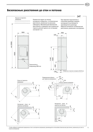GB
5
Безопасные расстояния до стен и потолка
550
1600
min2300
Combustible roof
Air inlet Ø64
120
430
430
1050
1140
167
Hole in foot plate Ø120
Разместите камин на панели
основания и убедитесь, что безопасные
расстояния, указанные на рисунках,
соблюдены. Минимальное безопасное
расстояние от передней части камина до
горючих деталей здания или интерьера
составляет 1 м.
368
150
729
781
Combustible wall
267
100
415
400
300
100
300
200
100
690
Combustible wall
Permitted area for
combustible material
34T
*Чтобы избежать выцветания окрашенных стен из негорючих материалов, рекомендуется использовать безопасные расстояния, указанные для стен из
горючих материалов.
268
50
629
640
Fire-retardant wall of
brick or concrete
217
50
50*
325*
Fire-retardant wall of
brick or concrete
При верхнем подключении к
стальному дымоходу следуйте
инструкции по установке от
производителя дымохода.
Обратите внимание на безопасные
расстояния, указанные в инструкции.
Стена из горючего
материала Стена из горючего материала
Крыша из горючего
материала
Негорючая стена из
кирпича или бетона
Негорючая стена из
кирпича или бетона
Разрешенная область
для горючих материалов
Подключение к
воздуховоду, Ø64 мм
Отверстие в пластине основания, Ø120 мм
RUS
 