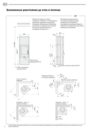 GB
6
Безопасные расстояния до стен и потолка
550
1600
min2300
Air inlet Ø64
Combustible roof
430
430
1050
1140
167
120 Hole in foot plate Ø120
Разместите камин на панели
основания и убедитесь, что безопасные
расстояния, указанные на рисунках,
соблюдены. Минимальное безопасное
расстояние от передней части камина
до горючих деталей здания или
интерьера составляет 1 м.
368
150
729
781
Combustible wall
267
100
415
400
300
100
300
200
100
690
Combustible wall
Permitted area for
combustible material
35T
217
50
50*
325*
Fire-retardant wall of
brick or concrete
268
50
629
640
Fire-retardant wall of
brick or concrete
При верхнем подключении к
стальному дымоходу следуйте
инструкции по установке от
производителя дымохода. Обратите
внимание на безопасные расстояния,
указанные в инструкции.
**
** 1640 с крышкой из
талькомагнезита
Крыша из горючего материала
Подключение к
воздуховоду, Ø64 мм
Отверстие в пластине основания, Ø120 мм
Стена из горючего
материала Стена из горючего материала
Разрешенная область
для горючих материалов
Негорючая стена из
кирпича или бетона
Негорючая стена из
кирпича или бетона
*Чтобы избежать выцветания окрашенных стен из негорючих материалов, рекомендуется использовать безопасные расстояния, указанные для стен из
горючих материалов.
RUS
 