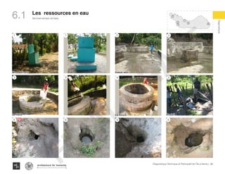 Services sociaux de base
Diagnostique
96Diagnostique Technique et Participatif de l’Île à Vache |
Typography
architecture for humanity
architecture for humanity
architecture for humanity
Les ressources en eau
6.1 1
2
3
4
5 6
Mme Bernard
La Hatte
1
3
6
4
Kakok well
2
La Souce Point d’Est
5
Pradell
6 6 6
3
1 2
FINAL
DRAFT
 
