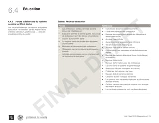 Tableau FFOM de l’éducation
Forces Faiblesses
•	 Les professeurs sont souvent des anciens
élèves de l’établissement
•	 Education estimée de bonne qualité, beaucoup
de professeurs sont des élèves universitaires
•	 Succès aux examens d’état
•	 La majeure partie des écoles sont équipées
d’une cantine
•	 Motivation et dévouement des professeurs
•	 l’Education permet de réduire la délinquance
juvénile
•	 Activités extra scolaires comme championnat
de football et de festi-génie
•	 Etat vétuste de certains établissements
•	 Faible rémunération des professeurs
•	 Manque de moyens pour rénover les bâtiments et
développer l’école
•	 Accès à l’eau difficile
•	 Aucune école ne possède d’une infirmerie
•	 Vacances scolaires trop longues
•	 Accès à l’eau et aux latrines difficile
•	 La discipline n’est pas assez stricte-turbulence des
élevés
•	 Manque de matériel didactique (livres, bibliothèque,
ordinateurs)
•	 Manque d’électricité
•	 Manque de formation pour les professeurs
•	 Lacunes dans le système d’apprentissage
•	 Beaucoup d’écoles manquent de clôtures
•	 Problèmes de traitement de l’eau
•	 Mauvais état de certaines latrines
•	 Certaines écoles n’ont pas de latrines
•	 Les parents sont pas assez impliques aux éducations
de leurs enfants.
•	 Certains parents manquent de moyens pour envoyer
les enfants à l’école
•	 Les cantines scolaires ne sont pas biens équipées
6.4.6	 Forces et faiblesses du système
scolaire sur l’Île à Vache
Les forces et faiblesses par rapport au système
éducatif de l’île identifiés par les responsables
d’écoles (directeurs, professeurs, …) lors des
enquêtes sont les suivants :
Haïti | Sept 2013 | Diagnostique | 119
﻿
Typography
architecture for humanity
architecture for humanity
architecture for humanity
Éducation
6.4
FINAL
DRAFT
 