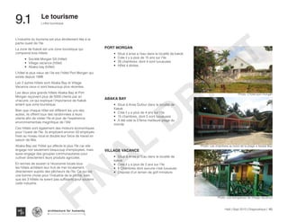 Haïti | Sept 2013 | Diagnostique | 160
L’offre touristique
Typography
architecture for humanity
architecture for humanity
architecture for humanity
Le tourisme
9.1	
L’industrie du tourisme est plus étroitement liée à la
partie ouest de l’île.
La zone de Kakok est une zone touristique qui
comprend trois hôtels:
•	 Société Morgan SA (hôtel)
•	 Village vacance (hôtel)
•	 Abaka bay (hôtel)
L’hôtel le plus vieux de l’ile est l’hôtel Port Morgan qui
existe depuis 1998
Les 2 autres hôtels sont Abaka Bay et Village
Vacance ceux-ci sont beaucoup plus récentes.
Les deux plus grands hôtels Abaka Bay et Port
Morgan reçoivent plus de 5000 clients par an
chacune, ce qui explique l’importance de Kakok
entant que zone touristique.
Bien que chaque hôtel est différent les uns des
autres, ils offrent tous des randonnées à leurs
clients afin de visiter l’île et jouir de l’expérience
environnementale magnifique de l’IAV.
Ces hôtels sont également des moteurs économiques
pour l’ouest de l’île, ils emploient environ 50 employés
fixes au niveau local et double leur force de travail en
saison de fête.
Abaka Bay est l’hôtel qui affecte le plus l’île car elle
engage non seulement beaucoup d’employées, mais
aussi engage des groupes communautaires pour
cultiver directement leurs produits agricoles.
En termes de soutien à l’économie locale tous
les hôtels achètent leur fruit de mer localement,
directement auprès des pêcheurs de l’île. Ce qui est
une bonne chose pour l’industrie de la pêche, bien
que les 3 hôtels ne soient pas suffisants pour soutenir
cette industrie.
PORT MORGAN
•	 Situé a anse a l’eau dans la localité de kakok
•	 Crée il y a plus de 15 ans sur l’île
•	 28 chambres, dont 4 sont luxueuses
•	 Hôtel 4 étoiles
ABAKA BAY
•	 Situé à Anse Dufour dans la localité de
Kakok
•	 Crée il y a plus de 4 ans sur l’île
•	 15 chambres, dont 5 sont luxueuses
•	 A été voté la 57ème meilleure plage du
monde
VILLAGE VACANCE
•	 Situé à Anse à l’Eau dans la localité de
kakok
•	 Cree il y a plus de 2 ans sur l’île
•	 8 Chambres dont aucune n’est luxueuse
•	 Dispose d’un terrain de golf miniature
Photo: L’hotel port morgan
Photo: Les chambres au bord de la plage a Abaka Bay
Photo: Les bangalows de Village Vacance
FINAL
DRAFT
 