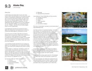 Haïti | Sept 2013 | Diagnostique | 164
L’offre touristique
Typography
architecture for humanity
architecture for humanity
architecture for humanity
Abaka Bay
9.3	
Images taken from hotel website: http://www.abakabay.com/Haiti
Abaka Bay
L’hôtel abaka bay située dans la zone de l’anse
Dufour a été le second hôtel sur l’ile comme tout autre
visiteur le propriétaire d’Abaka Bay a été enchanté
par la zone de l’anse Dufour après une visite touris-
tique sur l’ile. Très peu après en 2001 l’hôtel ouvre
ses portes avec seulement 3 chambres. Le nom
Abaka Bay vient de l’histoire de l’ile ou les indigènes
de l’ile l’appelaient ABAKA. Les expert pense que
ce nom « Abaka » veut dire l’ile aux belles plages.
(Selon le site d’Abaka Bay).
il est également important de mentionner dès le
début que Abaka bay a été sélectionner comme la
57eme plus belle plage du monde par cnn.com
La construction de l’hôtel a été faite en plusieurs
phases mais une partie de l’hôtel a été construite sur
une colline et l’autre directement sur la plage.
La beauté est accentuée par les détails. Les touristes
dans leur bungalow de montagne peuvent savoure
une vue panoramique des collines, terrain vert, le lac
et la mer cristalline.
Les chambres situées directement sur la plage de
sable fin, sont typiques de la vie colorée des Antilles
avec une construction surélevée pour éviter la marée
haute.
L’hôtel contient un restaurant climatisé qui offre une
cuisine buffet 3 fois par jours avec une cuisine à
saveur internationale. Il y a aussi un bar, une piste de
dance, une salle de reunion et une salle de television.
Abaka Bay vous offre plusieurs activités dont des ex-
cursions en bateau ainsi que des rendonner a cheval
pour decouvrir la vegetation de l’ile.
Les services offert par l’hôtel sont nombreux :
•	 Internet
•	 Divertissement :
•	 Spectacle troubadou
•	 Concerts
•	 Massage
•	 Salle téléviser (climatiser)
Les activite de l’hotel Abaka Bay sont les suivants :
•	 Plongee soumarine
•	 Snorkelling
•	 Kayak
•	 Visite historique
•	 Massage
•	 Excursion en bateau
Pour plus d’information consulter le site internet http://
www.abakabay.com/
Cet hôtel contient 17 chambres doubles, 13 cham-
bres simples, et 4 chambres de luxe. D’après leur
base de donner de l’année 2012 nous pouvons
observer que leur saison de pique est de juin à aout
et aussi de novembre à février. Soit les saisons de
fête et les vacances d’été. La majorité de ceux qui
fréquente l’hôtel sont des étrangers qui viennent de
sont de l’Amerique, du Canada et de l’europe repartie
sur la branche d’age de 31 a 60 ans.
il y a aussi une grande quantité de cadre haïtien qui
viennent de port au prince. Cet hôtel est aussi sou-
vent la destination préférer des membres du gouver-
nement ainsi que de la Minustah et des organisations
non gouvernementale.
Le taux d’occupation de l’hôtel départ les différen-
tes années (2009 a2012) n’a pas dépasser 40% à
l’exception de l’année 2010 (l’année du séisme) qui a
eu un taux d’occupation de moins de 20%.
L’hôtel emploie à temps plein entre 6 à 10 employée
mais peut aller j’usqu’a 60 employer en saison de
fête.
Tous les employées de l’hôtel sont originaire de l’ile,
plus précisément la zone le Kakok, Figuier, La hatte
L’hotel s’approvisionne en eau en captant les eaux
pluvialeet utilise une generatrice pour l’electricite.
Photo: l’enseigne de Abaka Bay
Photo: Plage de l’Anse Dufour
Photo: Les chambres de Abaka Bay
FINAL
DRAFT
 