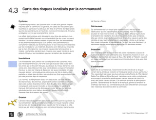 Haïti | Sept 2013 | Diagnostique | 57
Risques
Typography
architecture for humanity
architecture for humanity
architecture for humanity
4.3	 Carte des risques localisés par la communauté
Cyclones
D’après la population, les cyclones sont un des plus grands risques
naturels dans la commune. En général, les côtes de l’île sont les plus
touchées en particulier la côte sud, les îlets et la Pointe de l’Est, tandis
que les zones intérieures en haut des mornes ont tendance à être plus
protégées, comme par exemple Gros Morne.
Les effets des cyclones sont dévastants pour tous les secteurs. Les
poissons et le bétail meurent ou sont entraînés par les crues en grand
nombre. Les vents violents mettent en péril les toits, les lampadaires
et les antennes téléphoniques. Les jardins sont partiellement ou
complement détruits par les fortes pluies et les maisons sont délabrées
par les inondations. Les matériels de pêche sont détruits ou emportés
par la mer. À long terme, ces impacts causes des famines et de la
misère. Les familles perdent leurs moyens pour payer l’école de leurs
enfants. De plus, les inondations peuvent entraîner des épidémies.
Inondations
Les inondations sont parfois une conséquence des cyclones, mais
pas nécessairément car une forte pluie peut causer des crues dans
les zones qui se trouvent très peu au-dessus du niveau de la mer. Les
zones près des côtes sont les plus vulnérables à ce type d’inondation.
De plus, la zone de l’étang de Balairase est aussi inondable lors des
mauvais temps. La conséquence est encore une fois la destruction
partielle ou totale des récoltes, qui entraîne une forte augmentation des
prix des produits dans la commune.
Les ravines, se remplissent d’eau lors des pluies, car leur rôle est
de drainer l’eau des mornes. Cependant certains sentiers se situent
dans des ravines (Carrefour Citron, Bois Bouton, Gros Morne) et par
conséquent sont souvent inondés et impraticables. En général le
manque d’infrastructure de drainage et routier fait que les sentiers,
généralement en terre battus, deviennent boueux et difficiles à
traverser lors de la saison des pluies.
Érosion
L’érosion découle également des pluies apportées par les cyclones ou
tout simplement par la période saisonnière. Ce risque impacte surtout
les ravines, les étangs et les zones basses de l’ile le long de la côte
(ainsi que les îlets). Les ravines sont remplies d’alluvions dans la zone
de Ravine à Pierre.
Sécheresse
La sécheresse est un risque plus insidieux car il est tout aussi
destructeur que les catastrophes au long terme, mais il n’est pas
soudain et il est moins visible. Le manque d’eau affecte l’agriculture
et empêche les habitants de cultiver les produits les plus rentables,
tels que citrons ou produits maraîchers. Il réduit ou cause la perte des
récoltes et peut tuer le bétail qui n’a pas assez à boire ou à manger.
Les zones cultivables et habitables de l’île sont les plus affectées. La
sécheress semble avoir empiré depuis les 20 dernières années.
Incendies
Les incendies sont un risque dans les zones habitables à cause de
l’utilisation des lampes à kérosène pour éclairer les maisons le soir. Les
habitants de trois îlets de Cayes à l’Eau, l’Îlet à Bré et Pellantin courent
un risque particulier car les maisons sont construites en bois avec des
tois en chaume.
Contrebande
L’activité de contrebande, notamment le traffic illicite de la drogue
venant de la Jamaïque (cocaine et marijuana) existe un peu partout sur
l’île, cependant les zones les plus actives sont la Pointe de l’Est, Grand
Sable,Trou Milieu et Mme Bernard. La présence de cette contrebande
encourage la population extrêmement pauvre à tenter de s’enrichir
avec des petits travaux illicites. Cet exemple entraîne la délinquence
juvénile, l’absentéisme de l’école et le manque général d’ambition et
d’éthique de travail. La contrebande peut aussi directement provoquer
des instances de violence dans la commune.
FINAL
DRAFT
 
