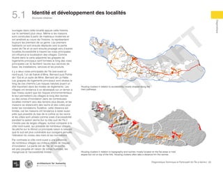65Diagnostique Technique et Participatif de l’Île à Vache |
Diagnostique
Structures Urbaines
Typography
architecture for humanity
architecture for humanity
architecture for humanity
Identité et développement des localités
5.1
IAV Sub communal divisionN
50m 100m 200m 500m
Echelle
Housing clusters in relation to topography and ravines; mostly located on the flat areas or mild
slopes but not on top of the hills. Housing clusters often take a distance frm the ravines
Housing clusters in relation to accessibility; mostly shaped along the
main pathways
ouvrages dans cette localité appuie cette histoire,
car ils semblent plus vieux. Même si les maisons
sont construites à partir de matériaux modernes et
ont amélioré au cours de l’histoire, ils représentent
toujours les premiers de ce genre. Les premiers
habitants ce sont ensuite déplacés vers la partie
ouest de l’île et ce sont ensuite propagé vers d’autres
localités.Accessibilité à travers les voies principales
ont influencé la localisation des villages. Comme
illustré dans la carte adjacente les grappes de
logements principaux sont formées le long des voies
principales car ils facilitent l’accès aux services de
base, les installations, services et les produits.
Il y a deux voies principales de l’île (est-ouest et
nord-sud), l’un de Kakok à Mme. Bernard puis Pointe
de l ‘Est et un autre de Mme. Bernard de La Hatte.
Les grappes de logements principaux sont situées le
long de ces chemins.Les risques naturels jouent un
rôle important dans les modes de règlements. Les
villages ont tendance à ce développé sur un terrain à
bas niveau autant que les risques environnementaux
le leur permettent.Les villages le long des ravines
ou des zones d’inondation dans de nombreuses
localités montent vers des terrains plus élevés, et les
maisons se distancient des ravins et des cotes pour
éviter les inondations.Toutefois, cette distance est
limitée, car les maisons ont tendance à rester aussi
près que possible du bas de la colline où les ravins
et les côtes sont utilisés comme voies d’accessibilité
pendant la saison sèche.Sur la côte sud de l’île il
n’existe pas de larges villages, surtout comparer à la
côte nord-ouest, qui possède de nombreux villages
de pêche sur le littoral.La principale raison à cela est
que le sud est plus vulnérable aux ouragans annuels,
l’élévation du niveau des mers et les inondations.
Par contraste la côte nord-ouest a une présence
de nombreux villages qui indique moins de risques
d’inondation. La partie est de l’île, en revanche,
est peu peuplée en raison de zones humides, les
mangroves et l’accessibilité limitée.
FINAL
DRAFT
 