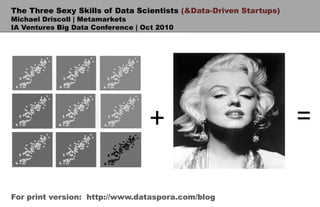 The Three Sexy Skills of Data Scientists (& Data-Driven Startups) Michael Driscoll | Metamarkets IA Ventures Big Data Conference | Oct 2010 = + For print version:  http://www.dataspora.com/blog 